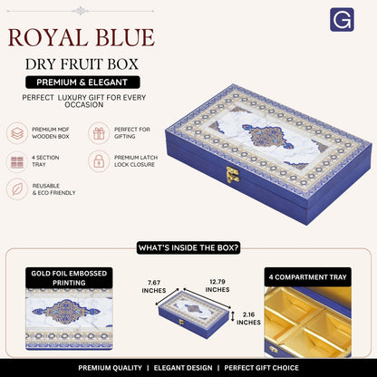 Royal Blue Foil Print Wooden Hamper Box | 4 Section Gift Box