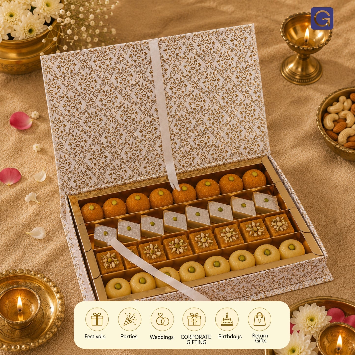 Golden Jaal 4 Line File Box | 1kg Premium Mithai Gift Packaging Box