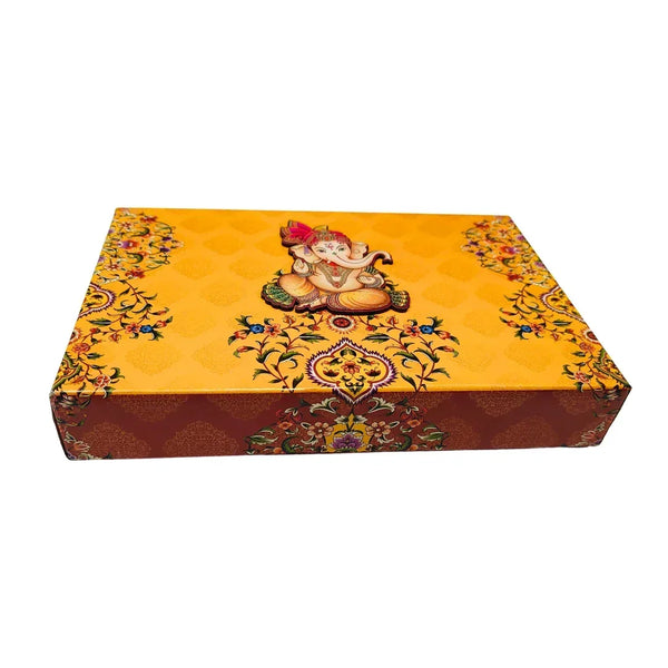 Ganesh Chaturthi Yellow 4 Compartment Gift Box - Open View | Grownex Packaging
