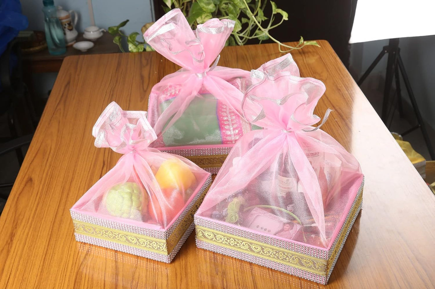 Baby Pink Gift Hamper Basket Set of 3 | Decorative MDF Basket for Festive Gifting