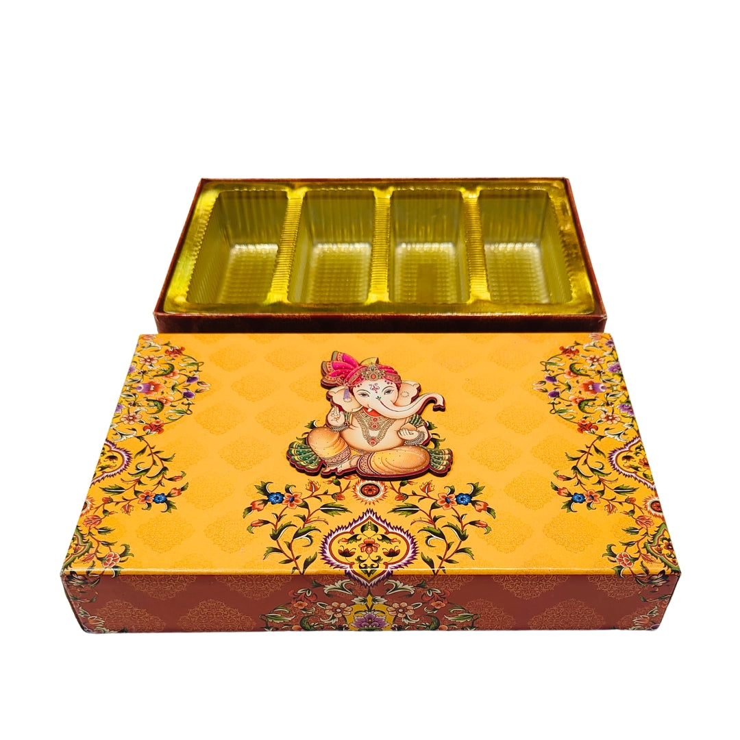 Ganesh Chaturthi Yellow Sweet Box with 4 Compartments – Premium Gift Packaging | Grownex Packaging | Sweet Box