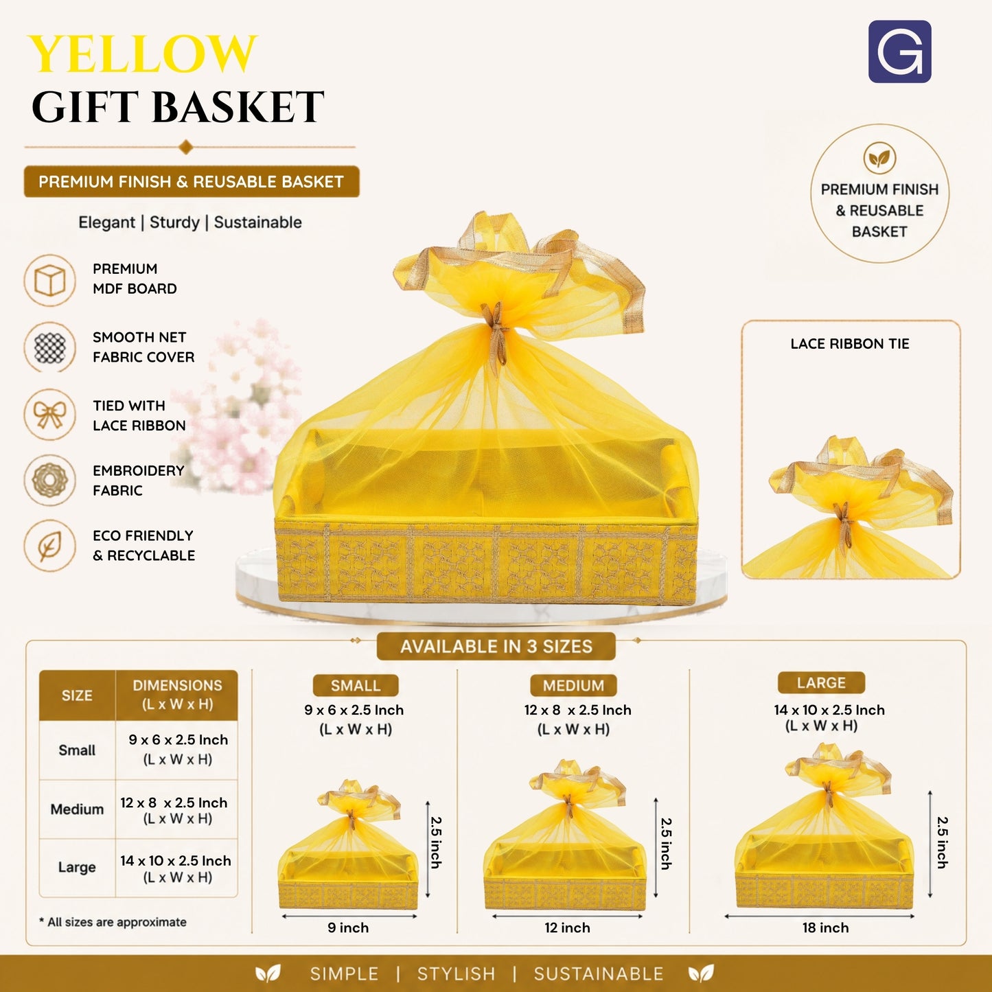 Gold Embroidery Yellow Net Gift Hamper Basket  | Wedding & Return Gift Packaging