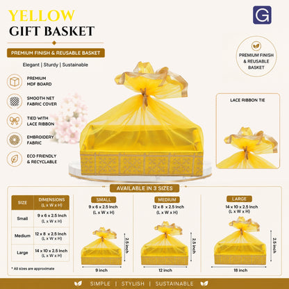 Gold Embroidery Yellow Net Gift Hamper Basket  | Wedding & Return Gift Packaging