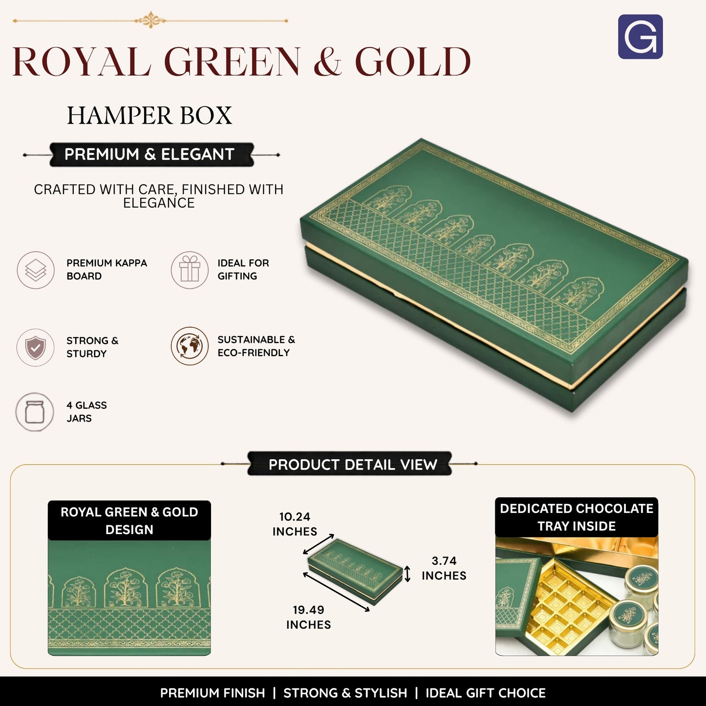 Royal Green & Gold Kappa Board Gift Box with 4 Glass Jars & Chocolate Tray | Luxury Festive Hamper