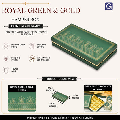 Royal Green & Gold Kappa Board Gift Box with 4 Glass Jars & Chocolate Tray | Luxury Festive Hamper