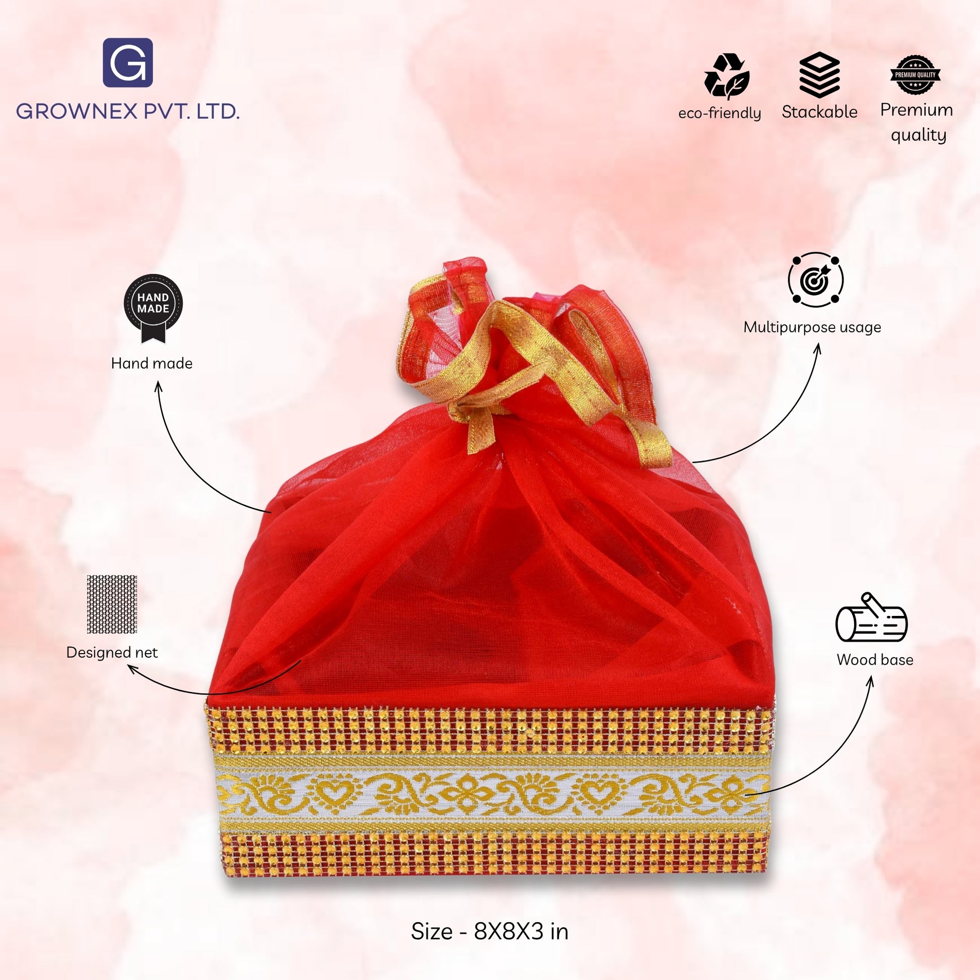 Decorated With Shinny Lace Red Gift Hamper Basket | Grownex Packaging | Basket & Tray