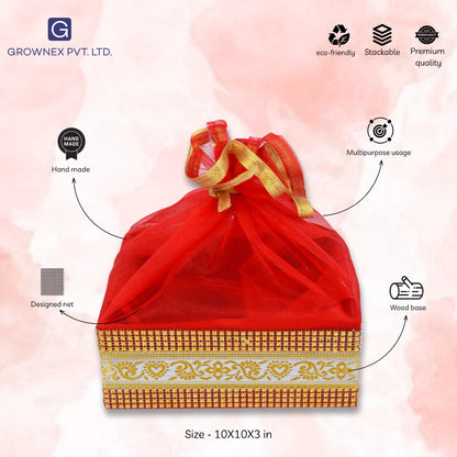 Decorated With Shinny Lace Red Gift Hamper Basket | Grownex Packaging | Basket & Tray