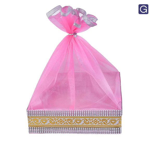 Baby Pink Gift Basket with Lace - Front View | Grownex Packaging
