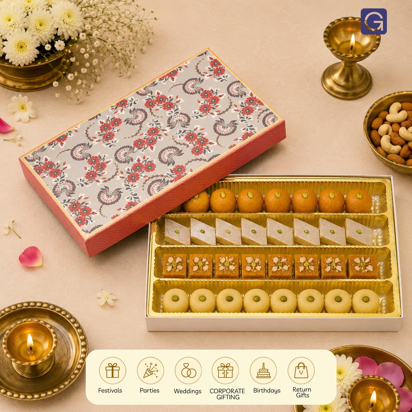 Red-Green Flower Print 4 Line Sweet Box | 1kg Premium Kappa Board Mithai Box