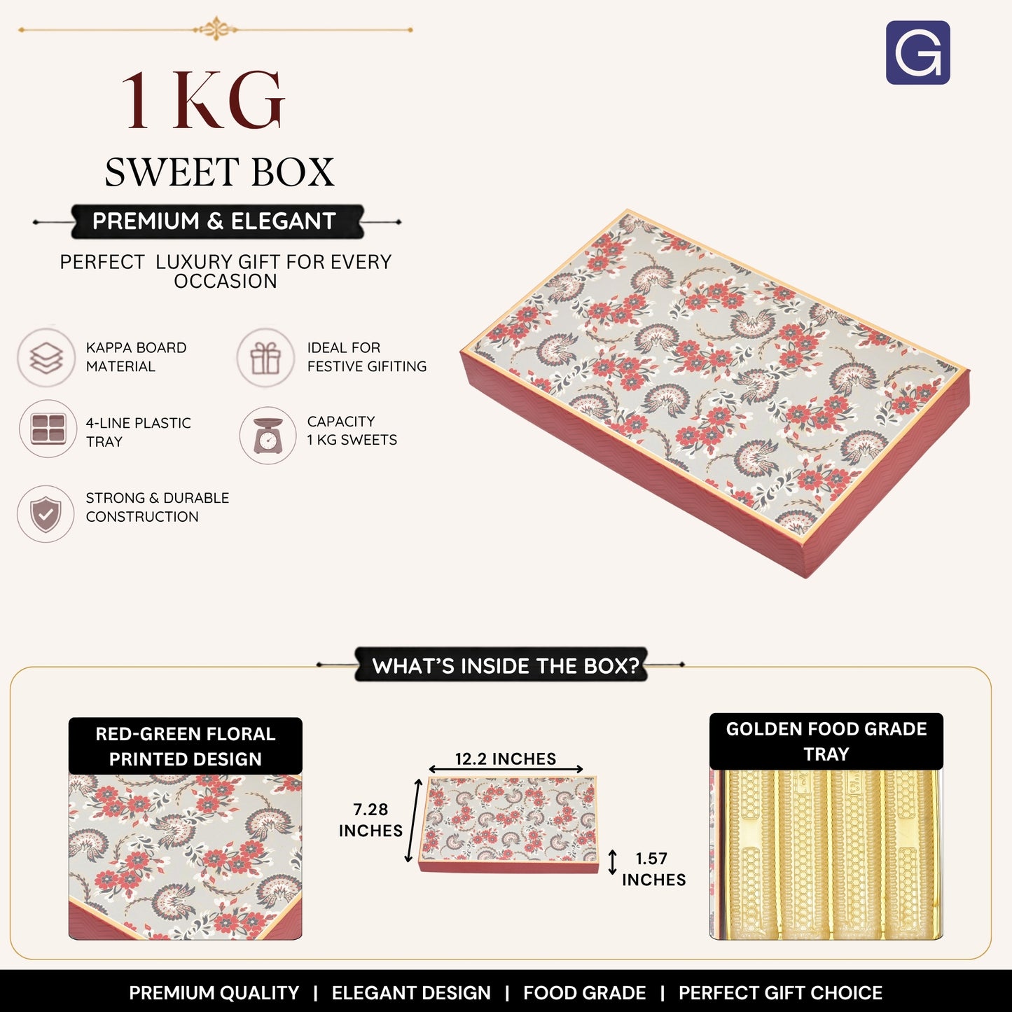 Red-Green Flower Print 4 Line Sweet Box | 1kg Premium Kappa Board Mithai Box