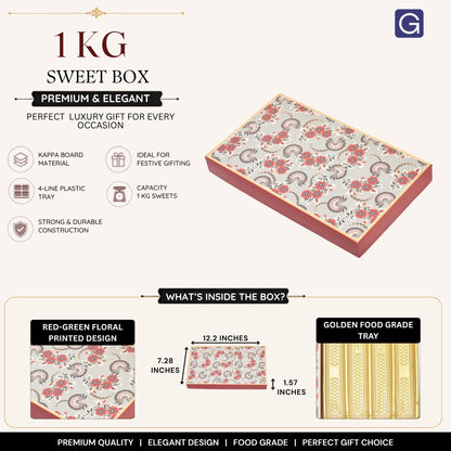 Red-Green Flower Print 4 Line Sweet Box | 1kg Premium Kappa Board Mithai Box