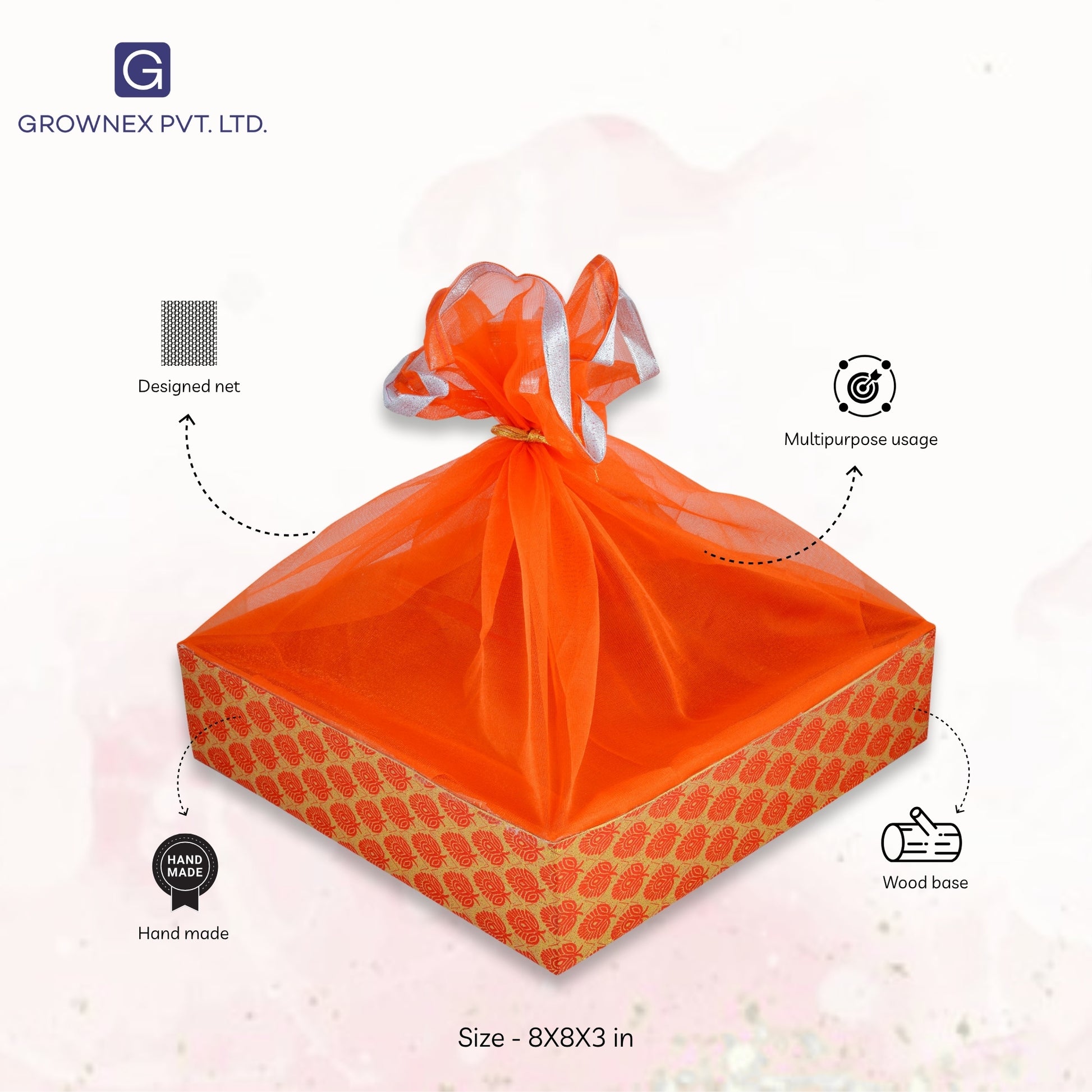 Floral Orange Wooden Basket For Festive Gifting | Grownex Packaging | Basket & Tray