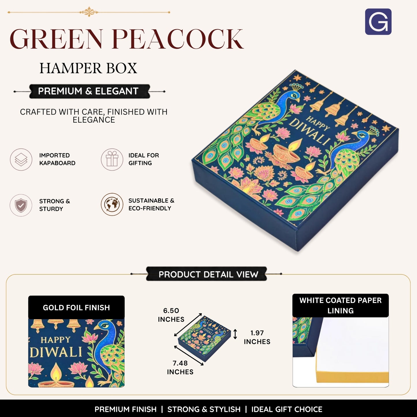 Green Peacock Gold Foil Diwali Hamper Box | Gifting