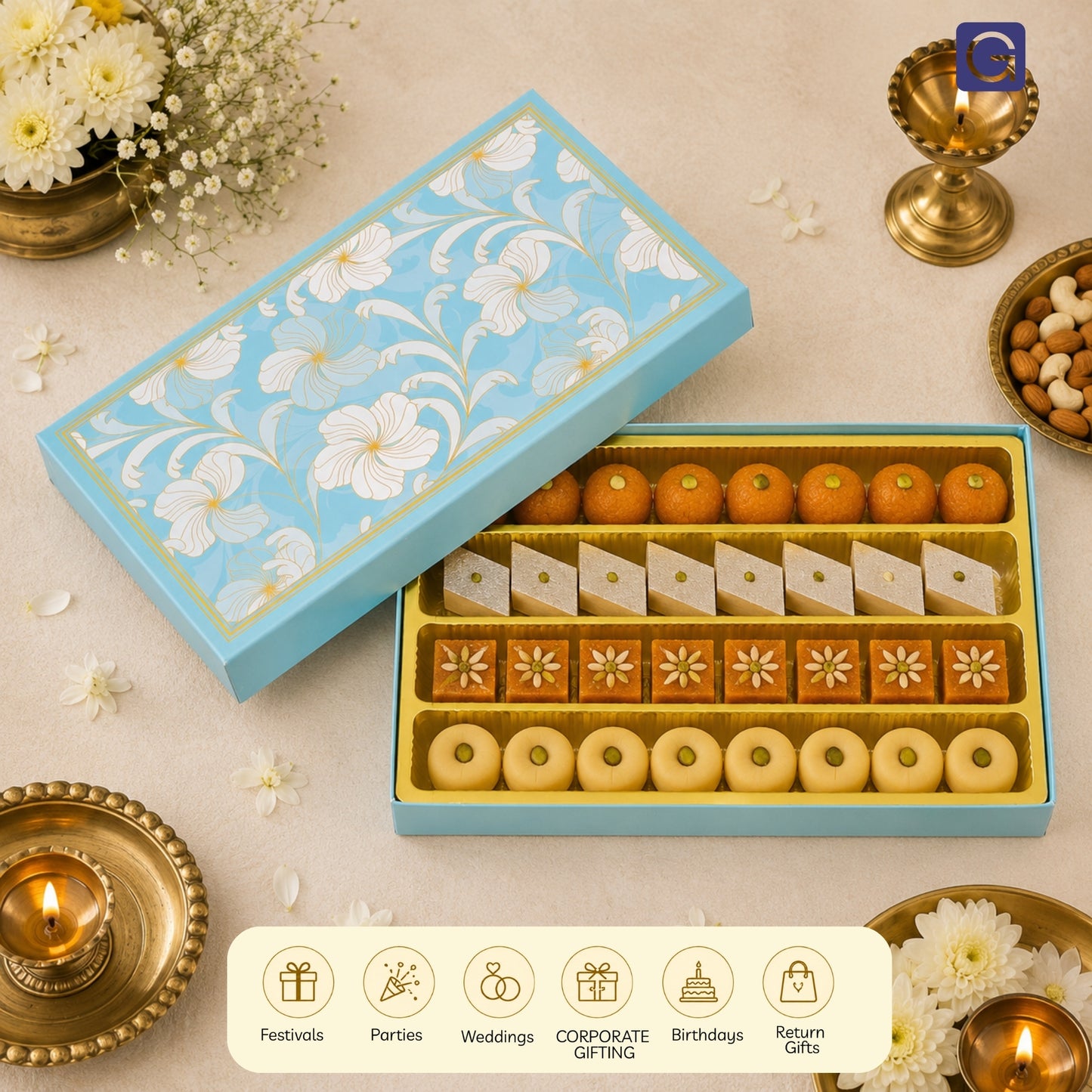 Sea Green-White Floral Sweet Box | 1kg Premium Kappa Board Mithai Box