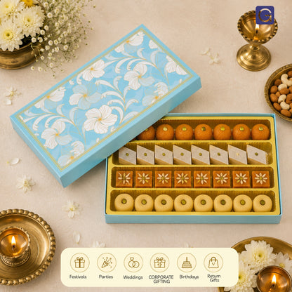 Sea Green-White Floral Sweet Box | 1kg Premium Kappa Board Mithai Box