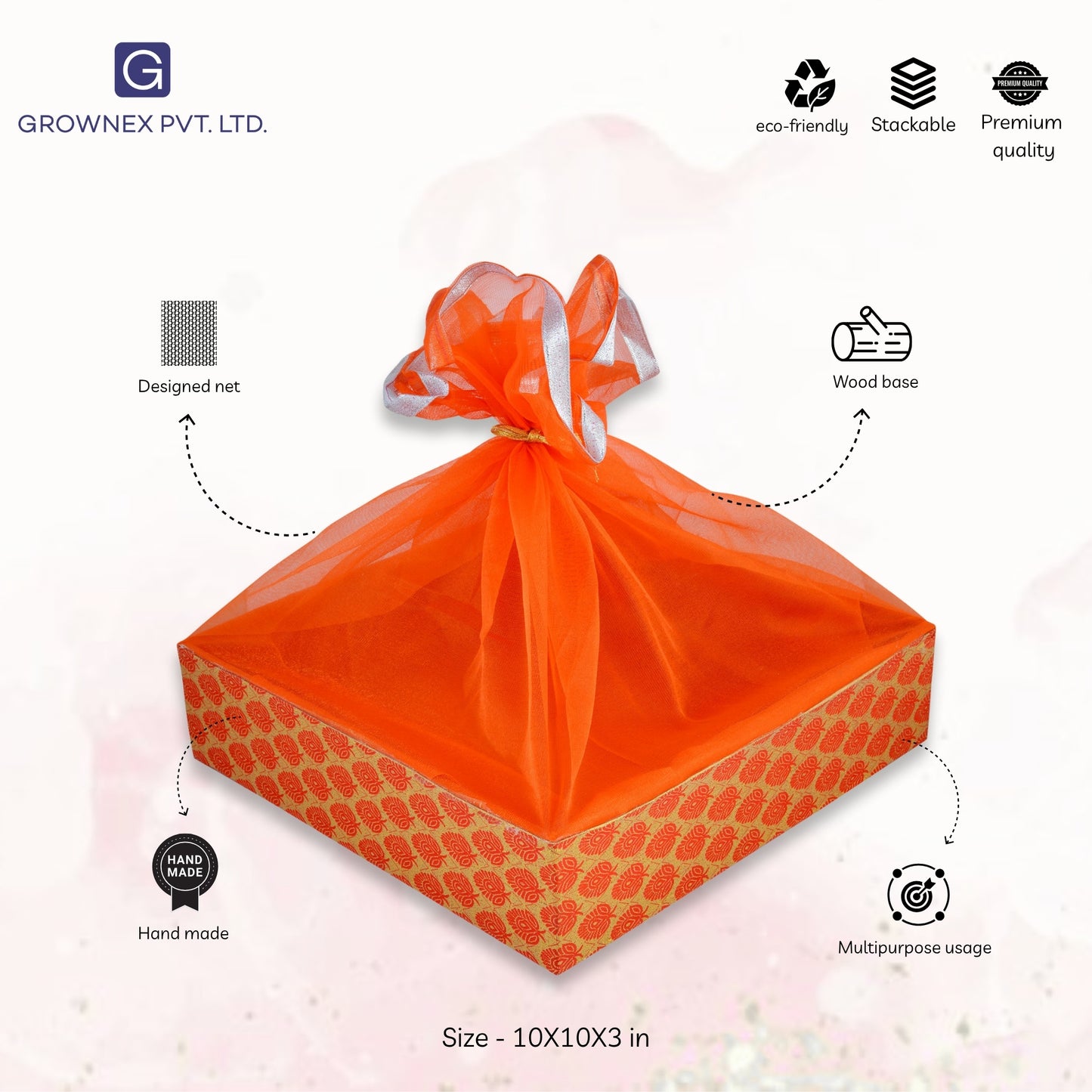 Floral Orange Wooden Basket For Festive Gifting | Grownex Packaging | Basket & Tray