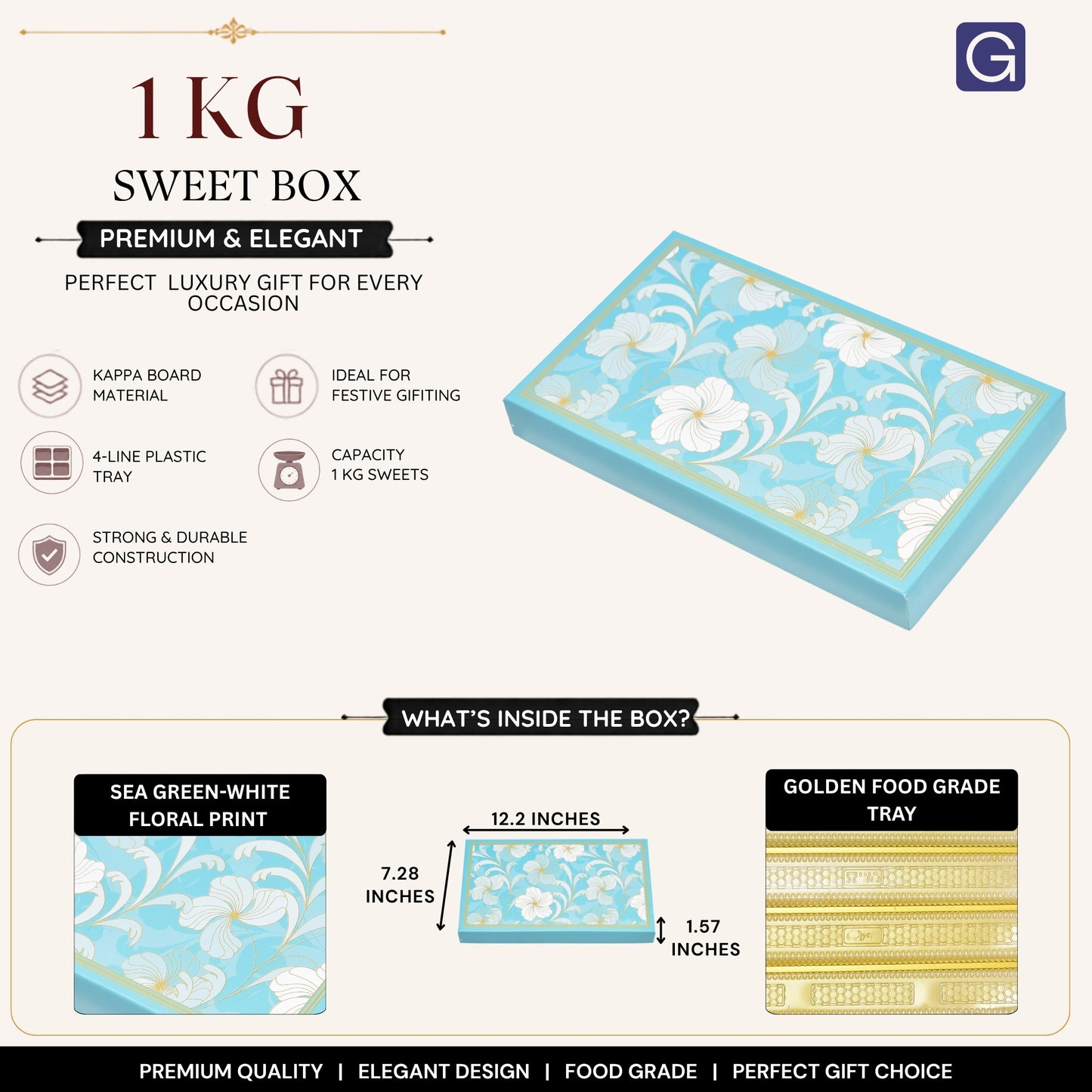 Sea Green-White Floral Sweet Box | 1kg Premium Kappa Board Mithai Box