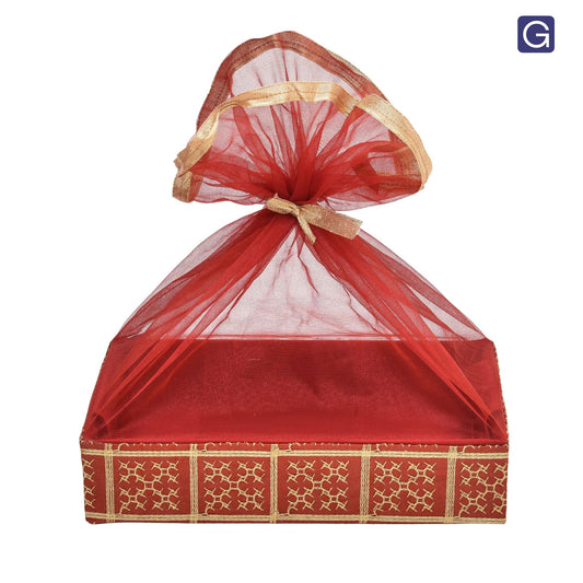 Gold Embroidery Cheery Red  Net Hamper Basket |  Shagun & Festive Gift Basket