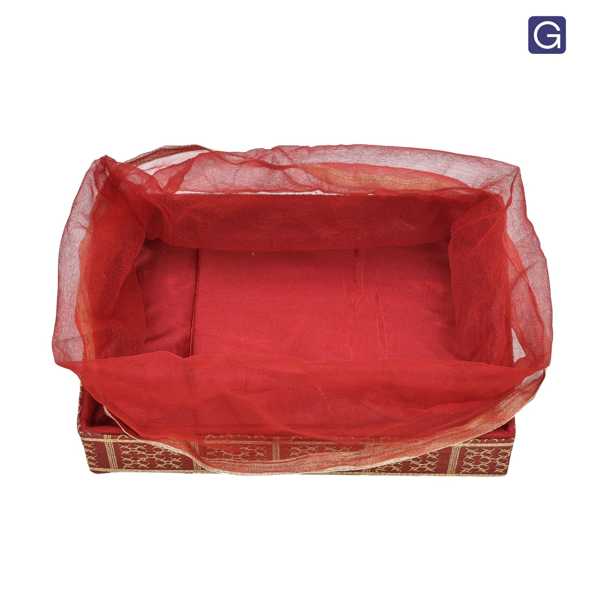 Gold Embroidery Cherry Red  Net Hamper Basket - Styled with Festive Gift Items | Grownex Packaging