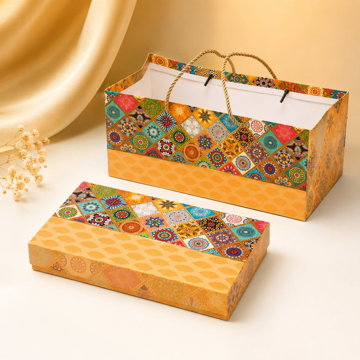 Mosaic Mandala Print Paper Bag with Matching Sweet Box Combo – Festive Gift Packaging Set
