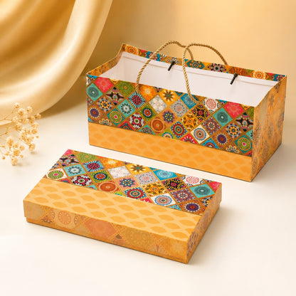 Mosaic Mandala Print Paper Bag with Matching Sweet Box Combo – Festive Gift Packaging Set