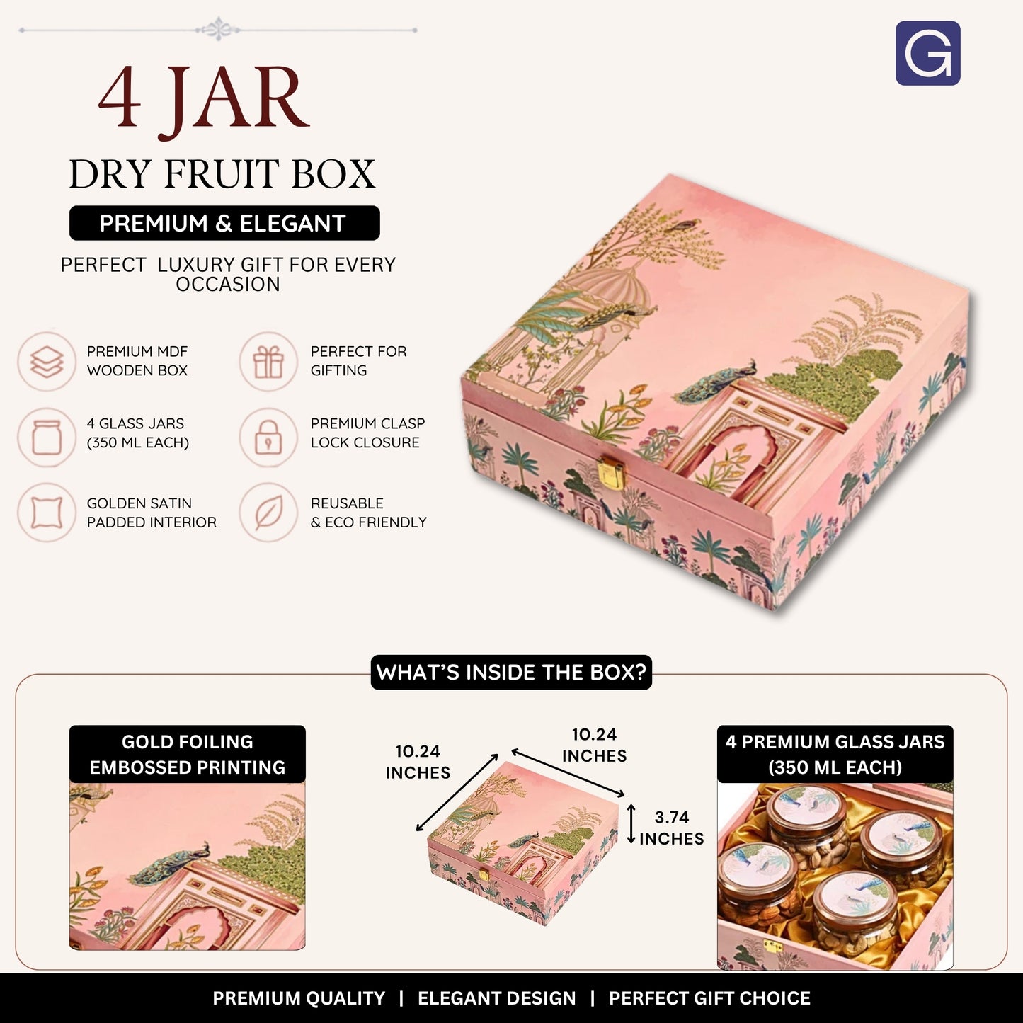 Pink Wooden Hamper Box with 4 Jars | Luxury Dry Fruit Gift Box for Festivals & Celebrations