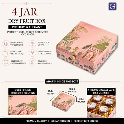 Pink Wooden Hamper Box with 4 Jars | Luxury Dry Fruit Gift Box for Festivals & Celebrations