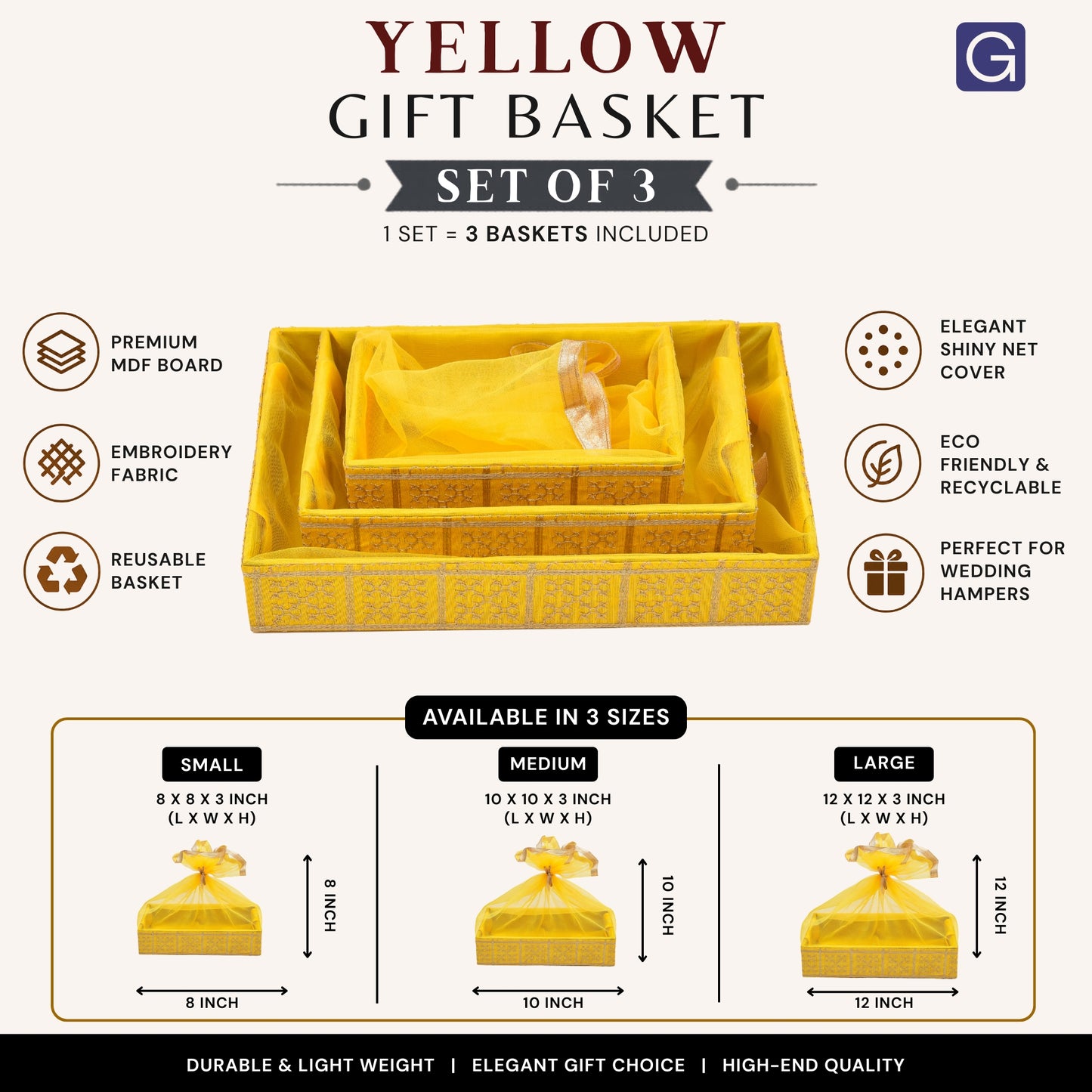 Yellow Net Gift Hamper Basket Set of 3 | Wedding & Return Gift Packaging