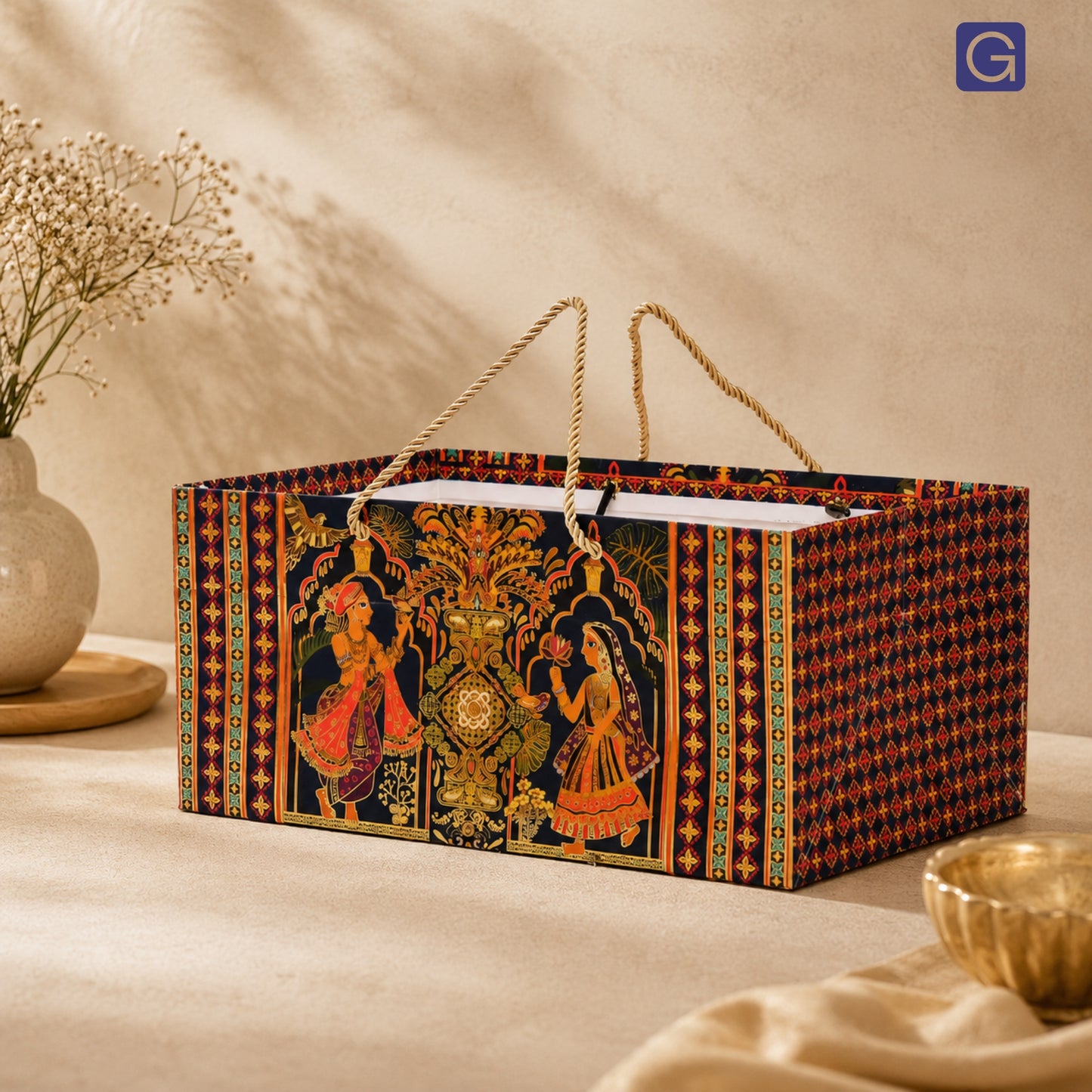 Radha Rani Foil Print Paper Gift Bag 13x8.5x6 Inch | Wedding, Festive & Pooja Gift Packaging