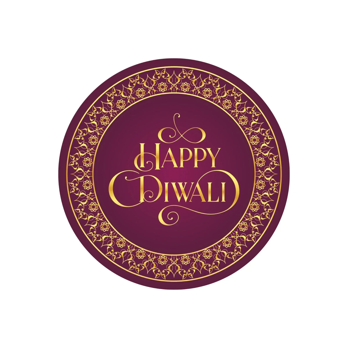 Happy Diwali Sticker – Royal Maroon & Golden Floral Design | Grownex Packaging | Tags & Stickers