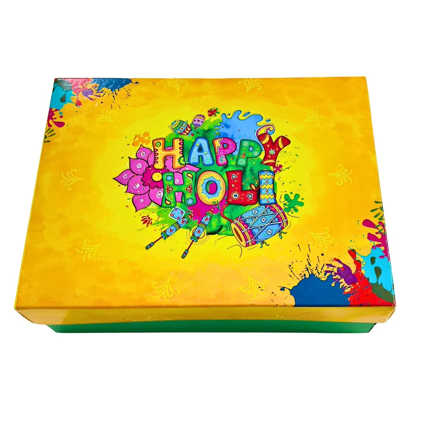 Holi Print Hamper Box 23.6 × 17.8 × 7.62 cm – Yellow | Food Safe Kappa Board Gift Box for Festive Gifting | Grownex Packaging | Hamper Box