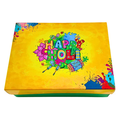 Holi Print Hamper Box 23.6 × 17.8 × 7.62 cm – Yellow | Food Safe Kappa Board Gift Box for Festive Gifting | Grownex Packaging | Hamper Box