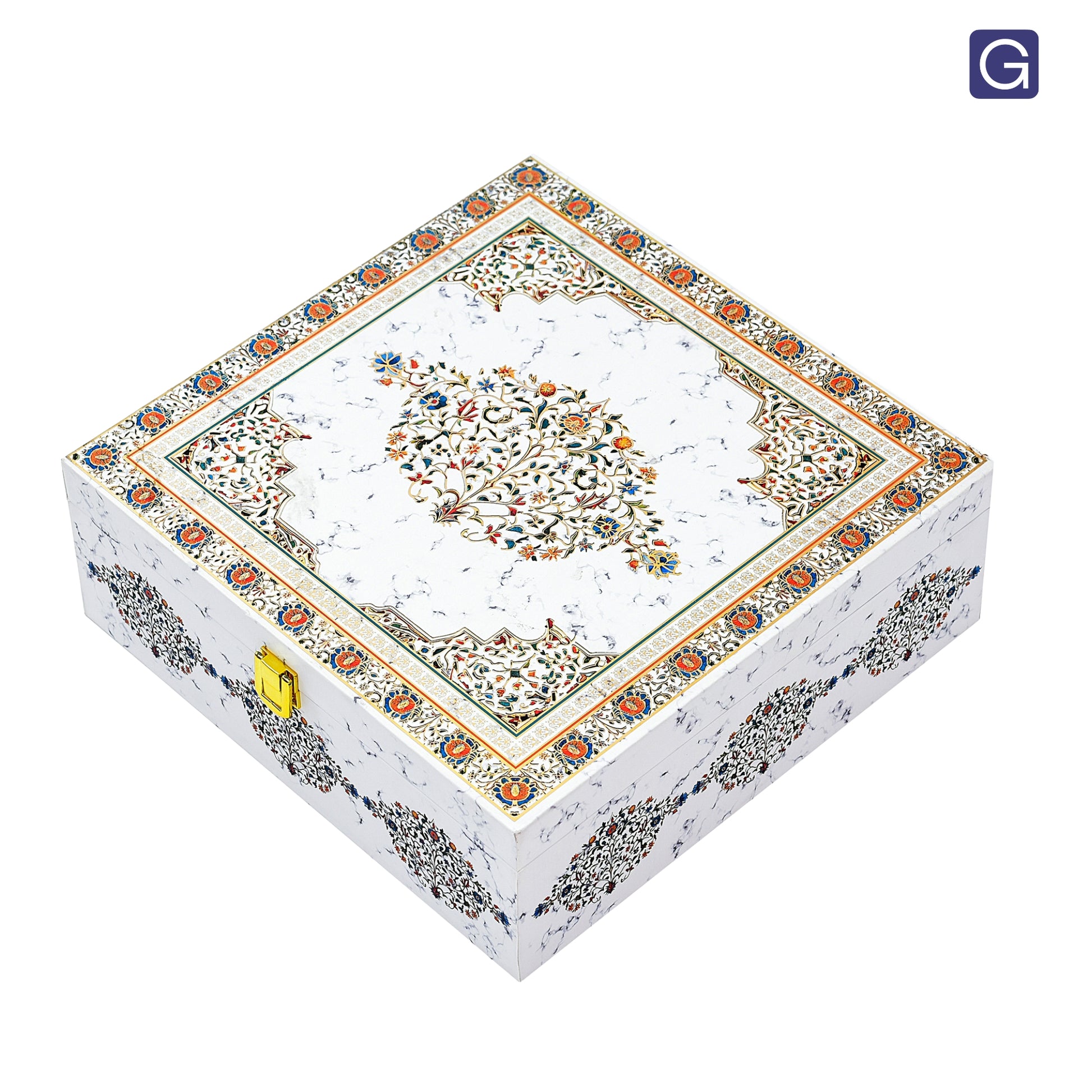 Dry fruit packaging in white marble wooden box