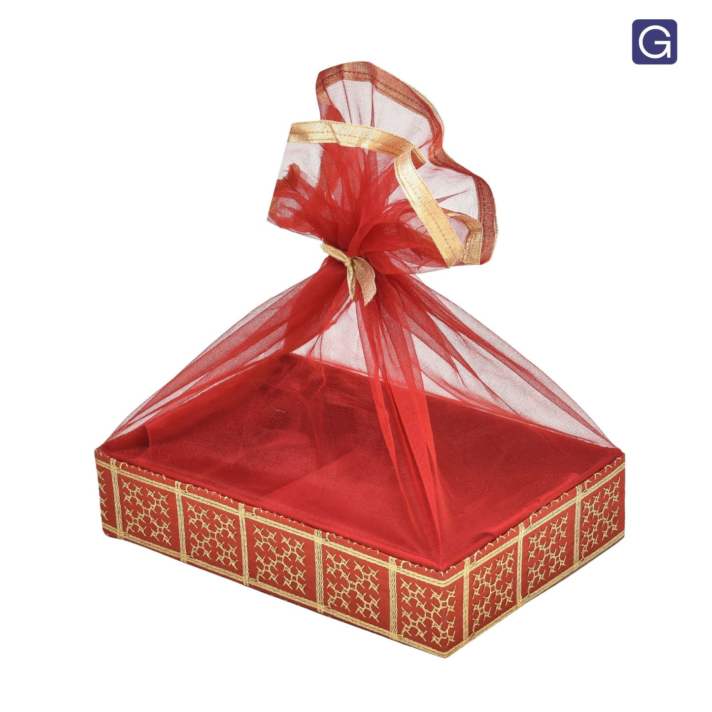 Gold Embroidery Cherry Red  Net Hamper Basket - Side Angle View | Grownex Packaging