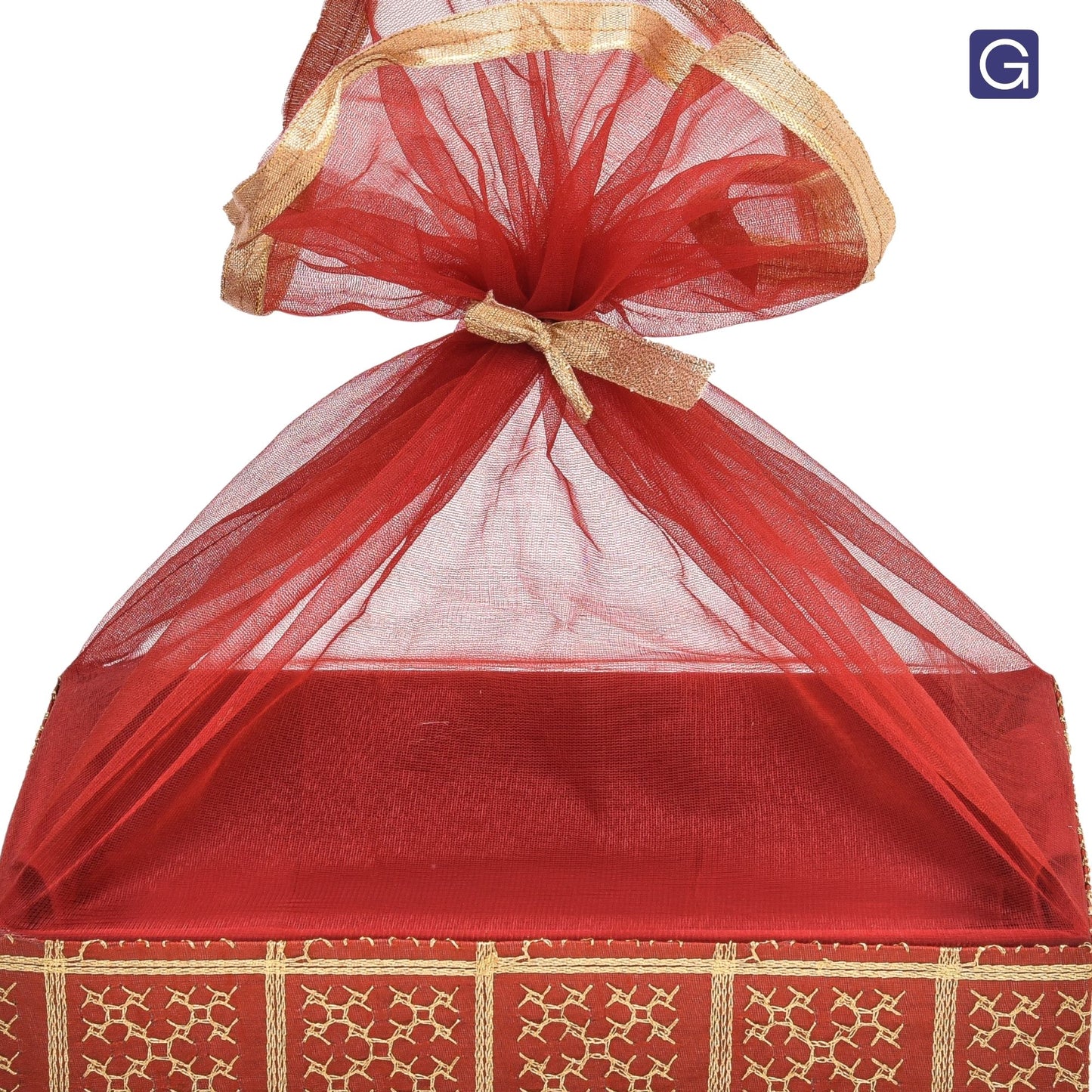 Gold Embroidery Cherry Red  Net Hamper Basket - Close-Up Design Detail | Grownex Packaging