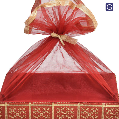 Gold Embroidery Cherry Red  Net Hamper Basket - Close-Up Design Detail | Grownex Packaging