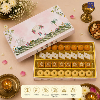 1 Kg Garden Theme Print Premium Sweet Box with 4 Line Plastic Tray | Kappa Board Mithai Box