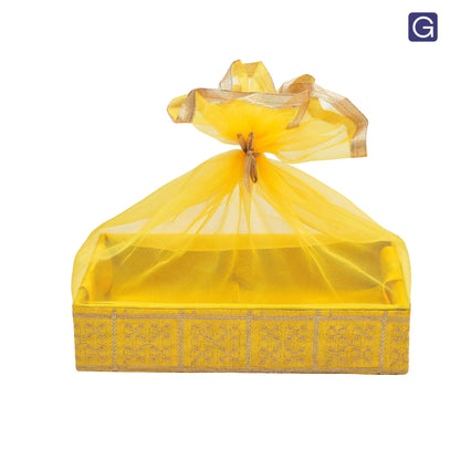 Gold Embroidery Yellow Net Gift Hamper Basket  | Wedding & Return Gift Packaging