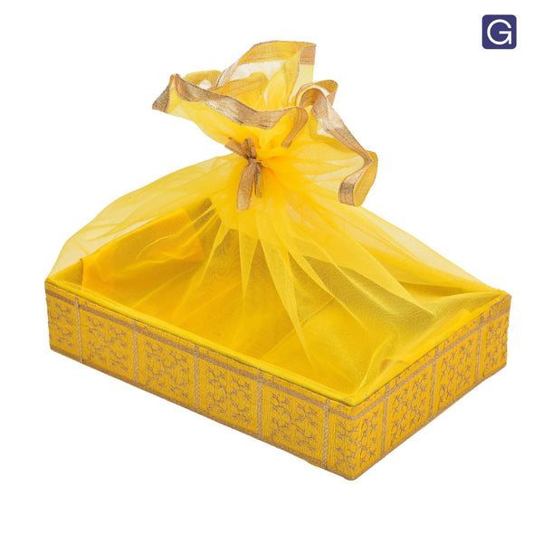 Gold Embroidery Yellow Net Gift Hamper Basket - Front View | Grownex Packaging