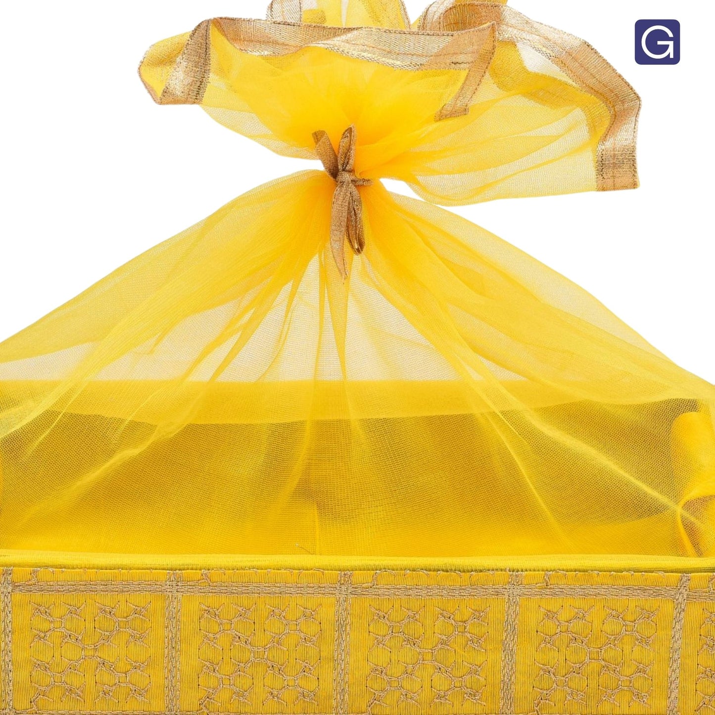 Gold Embroidery Yellow Net Gift Hamper Basket  | Wedding & Return Gift Packaging