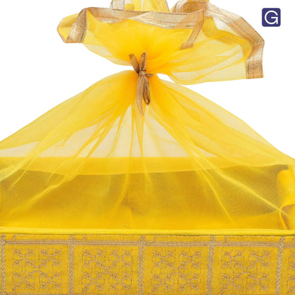 Gold Embroidery Yellow Net Gift Hamper Basket  | Wedding & Return Gift Packaging
