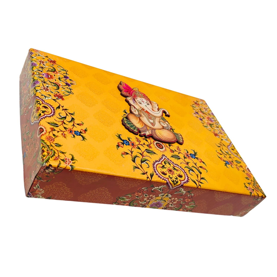 Ganesh Chaturthi Yellow Sweet Box with 4 Compartments – Premium Gift Packaging | Grownex Packaging | Sweet Box