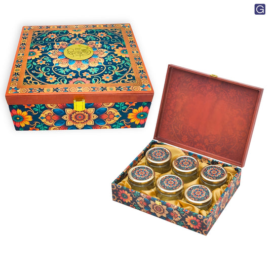 6 Jar Red Floral Foil Wooden Gift Box | Grownex Packaging | wooden box