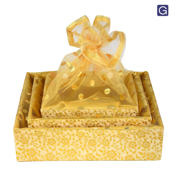Floral Gold Gift Hamper Basket Set of 3 - Front View | Grownex Packaging