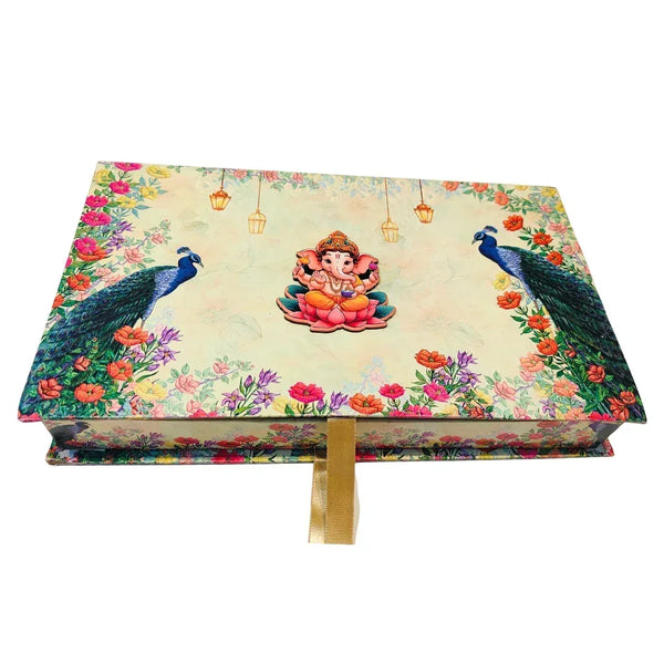 Ganpati Decoration Home Beige Peacock Ganesha Sweet Box - Open View | Grownex Packaging