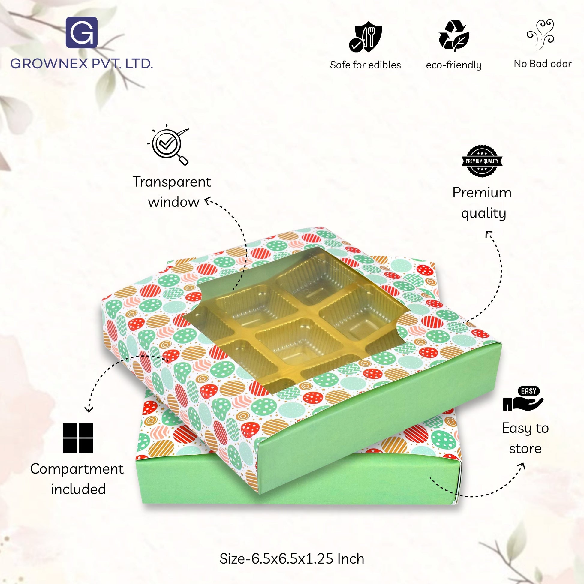 9 Cavity Folding Chocolates Packing Box - Floral Green | Grownex Packaging | Chocolate Box