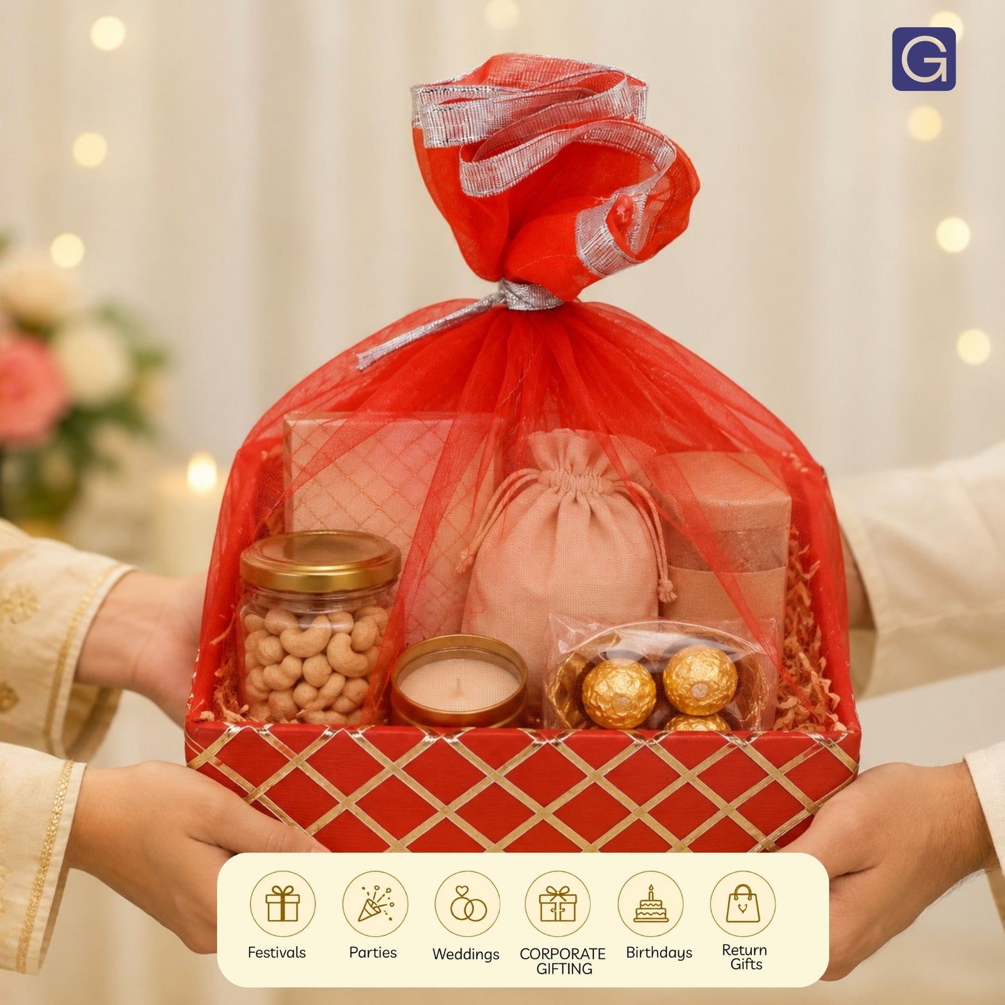 Square Lace Orange Decorative Basket | Festive & Wedding Gift Packaging