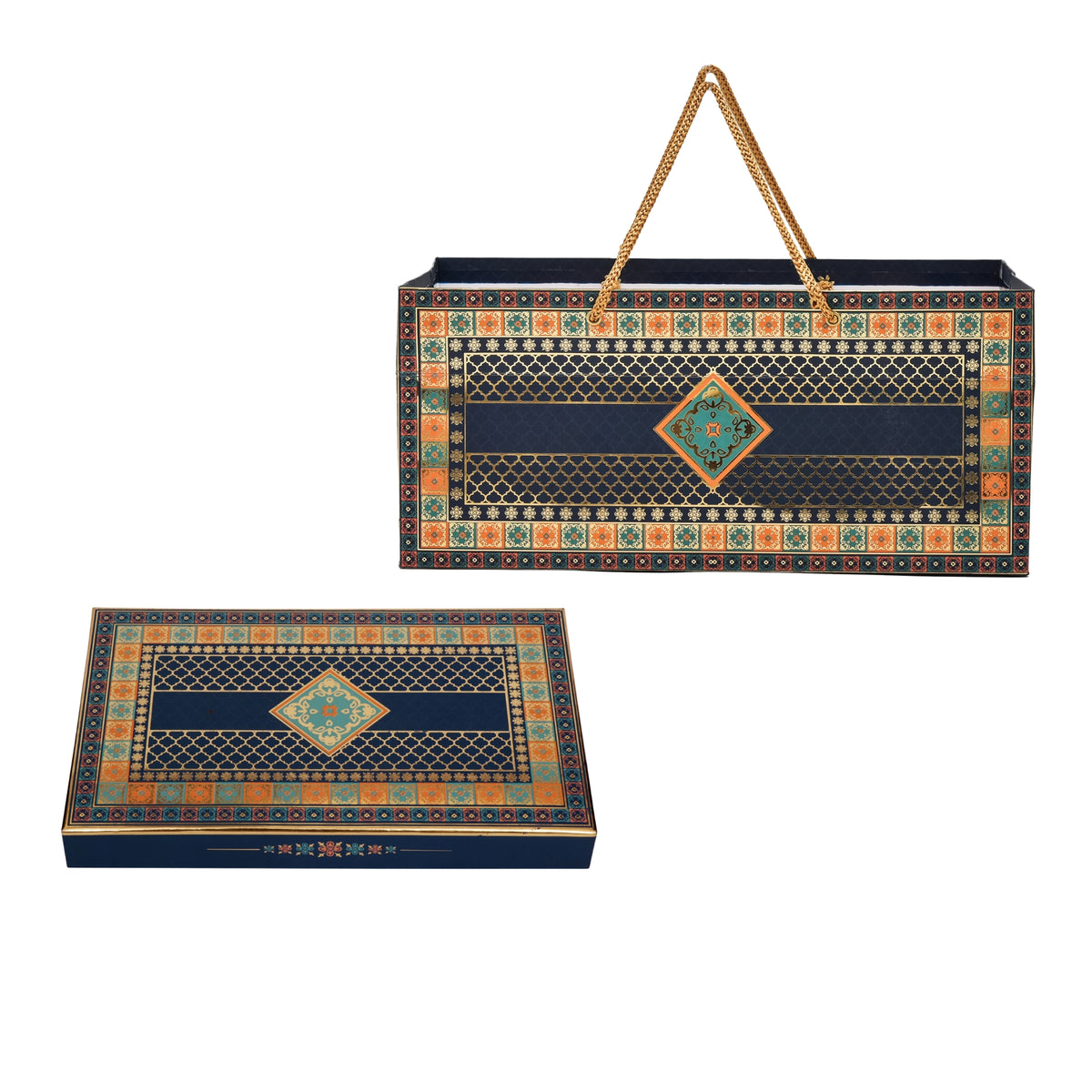 Blue Foil Mosaic Print Paper Bag with Matching Sweet Box Combo – Festive Gift Packaging Set