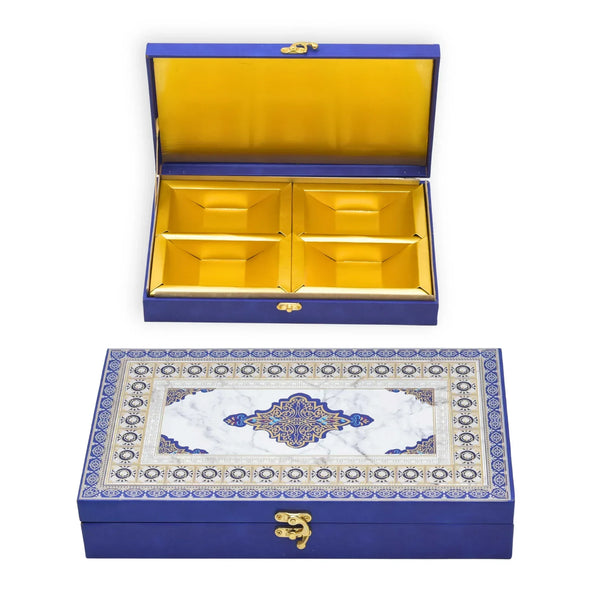 Royal blue foil print wooden gift box with 4 sections 