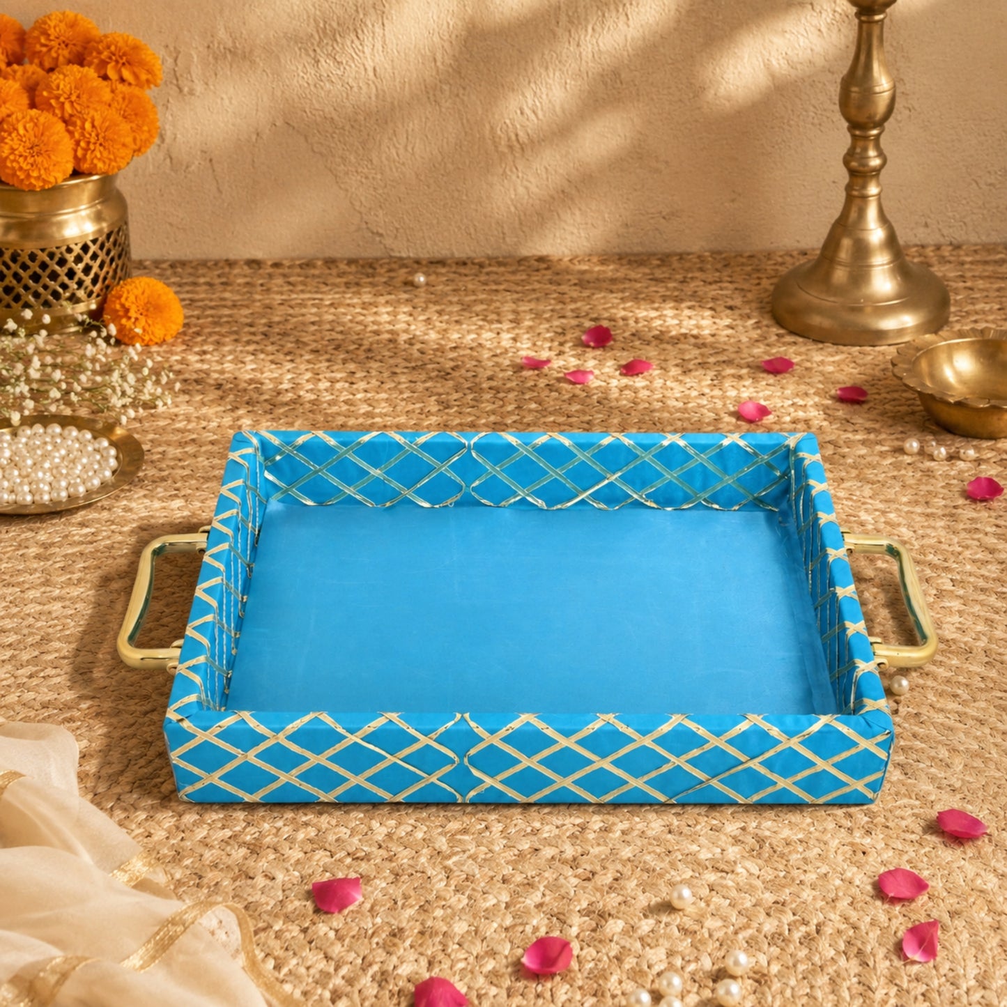 Traditional Rama Green Wooden Square Lace Hamper Tray